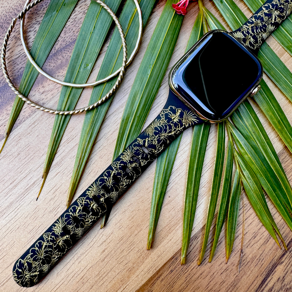 Tropical Hibiscus Slim Watchband Black & Gold