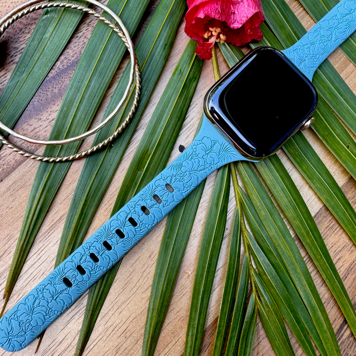 Tropical Hibiscus Slim Watchband Blue Cactus