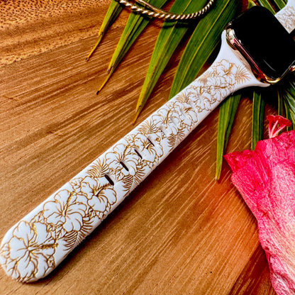 Tropical Hibiscus Slim Watchband White & Gold