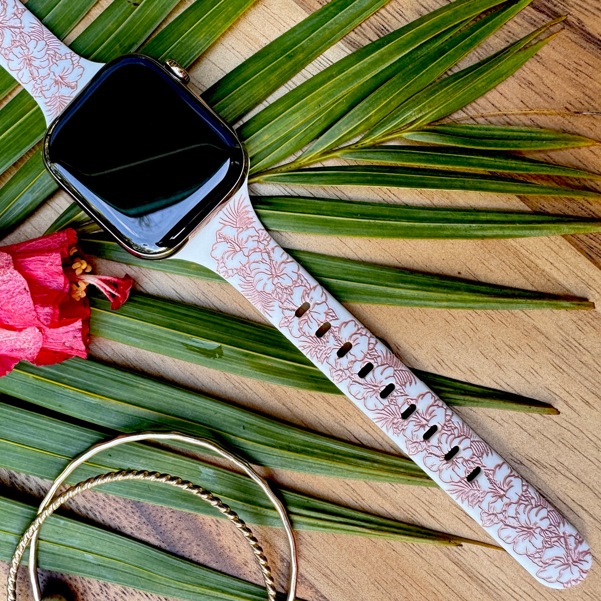 Tropical Hibiscus Slim Watchband White & Rose Gold
