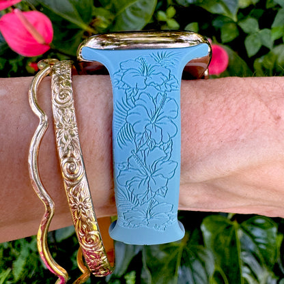Tropical Hibiscus Slim Watchband Blue Cactus