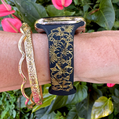 Tropical Hibiscus Slim Watchband Black & Gold