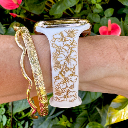 Tropical Hibiscus Slim Watchband White & Gold
