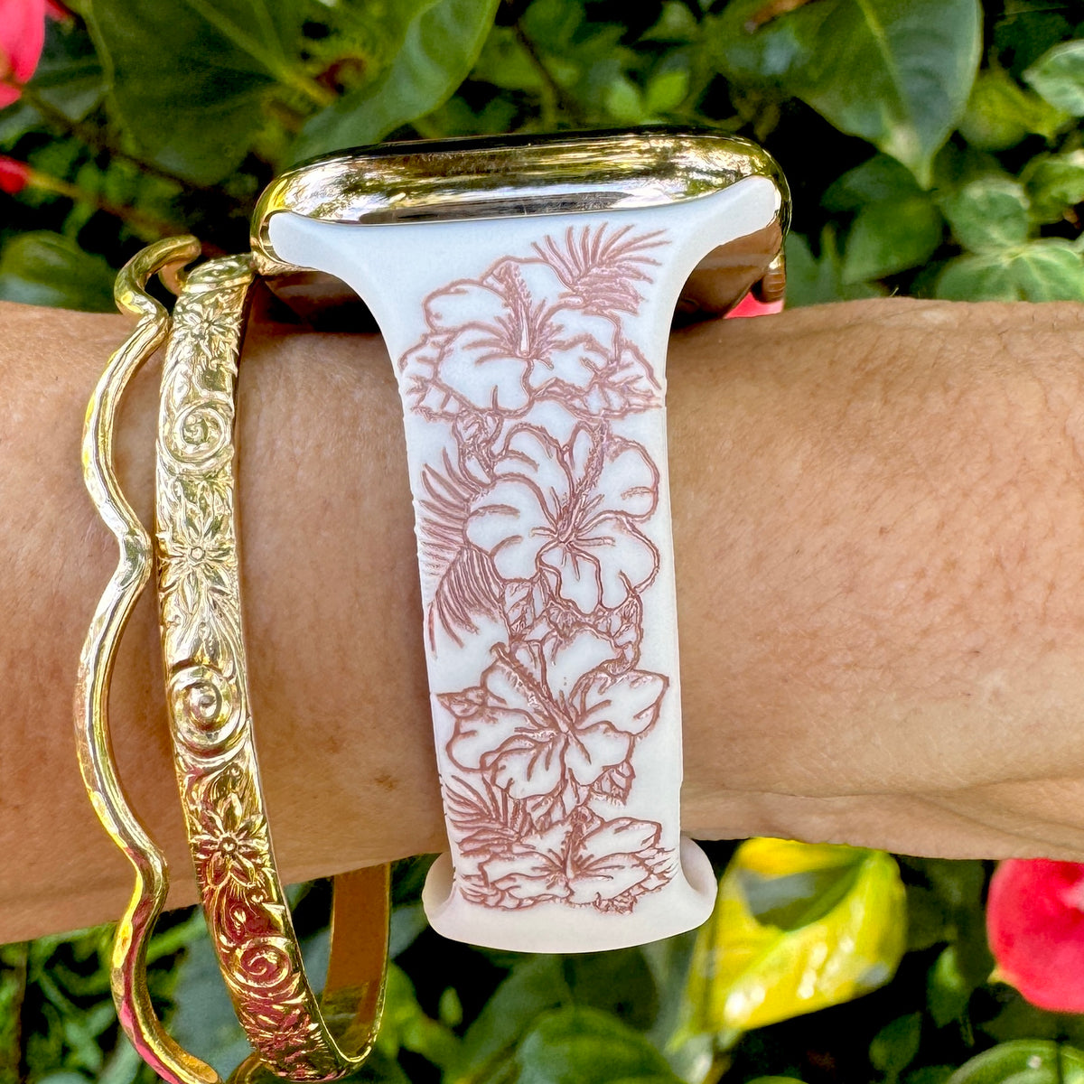 Tropical Hibiscus Slim Watchband White & Rose Gold