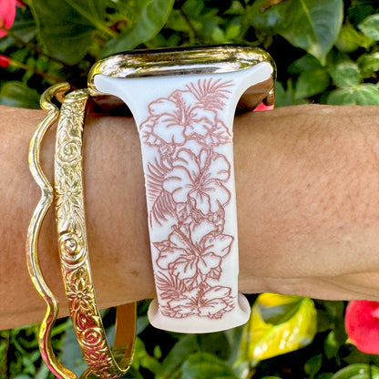 Tropical Hibiscus Slim Watchband White & Rose Gold