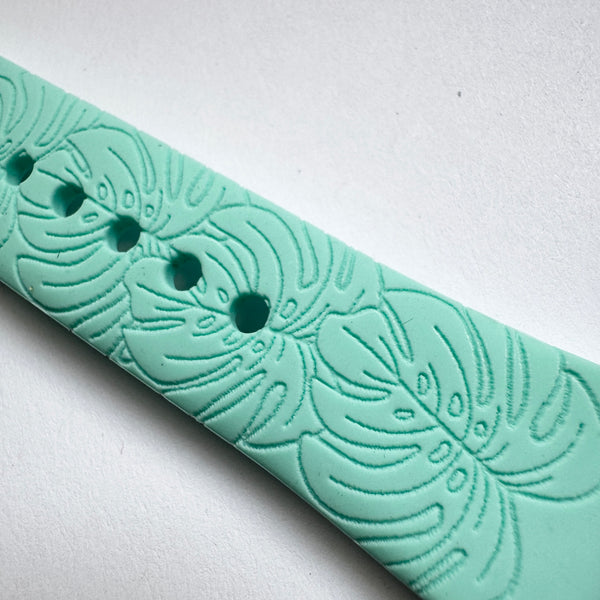 20mm Silicone Watch Band Compatible with Samsung Galaxy, FitBit Versa 3/4, Sense & Pixel Small Aqua Monstera