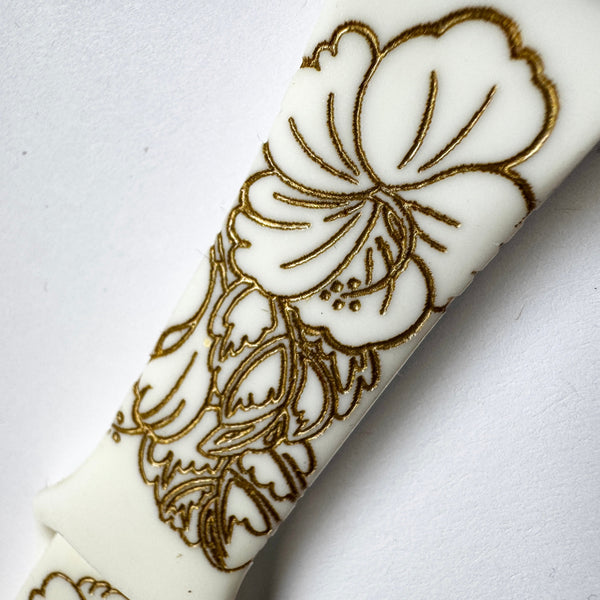 20mm Silicone Watch Band Compatible with Samsung Galaxy, FitBit Versa 3/4, Sense & Pixel Small White Hibiscus with Gold Ink