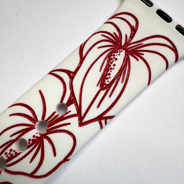 For 49mm/46mm/45mm/44mm & [42mm series 3] S/M White Anthurium with Red Ink Fill CLEARANCE-ALL SALES FINAL
